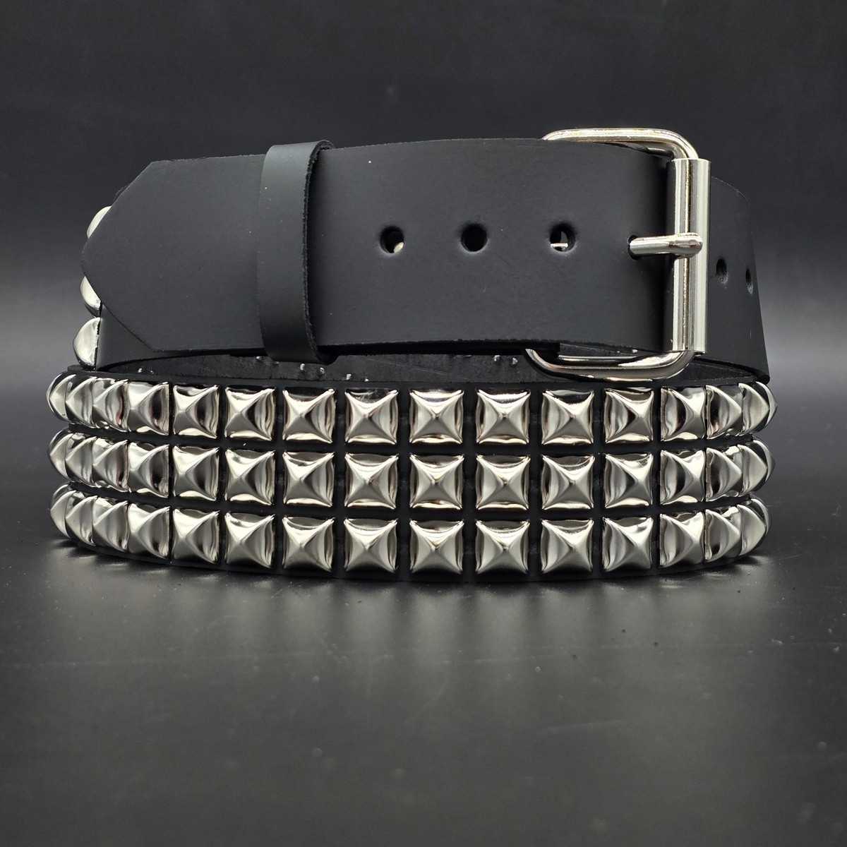 Three Row Pyramid Stud Belt GRADE #A FULL GRAIN LEATHER Punk Goth 