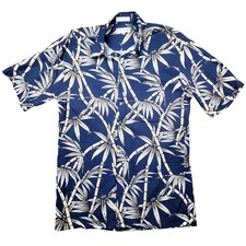Pierre Cardin Mens Rayon Bamboo Leaf Print Vintage Button Up Shirt Navy Medium