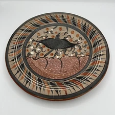 Vintage Mexican Burnished Tonala Folk Art Pottery Plate Plaque Bird Flowers 12”