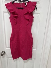MN Hot Pink Bodycon Dress Size S Ruffle Sleeve Fitted Cocktail Party Dress