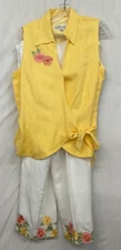 DRESS BARN - 2 PC YELLOW WRAP SHIRT W/WHITE MID-LENGTH PANTS, SIZE 14. NWT