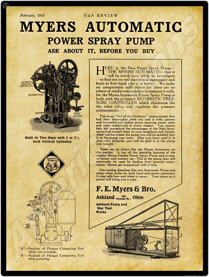 1916 F.E. Meyers Spray Pump New Metal Sign: Ashland, OH - LARGE SIZE 12 x 16
