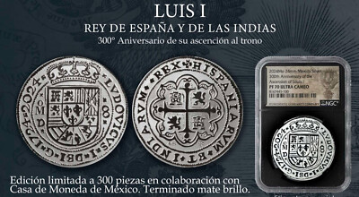 MEXICO 1724 LUIS I SILVER 8 REAL MEDAL 300 ANNVERSARY NGC PF 70