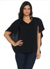 H by Halston Cape Sleeve Woven V-Neck Top Black Reg 6 A306900
