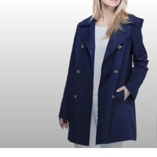 Gal Meets Glam Double-breasted Hooded Rain Coat Trench Coat Navy Sz S #q2
