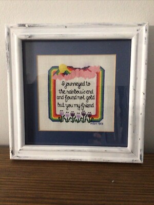 Framed Needlepoint Rainbow Quote 1983.  Distressed White Frame/ Navy Matting
