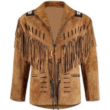 Mens Western Wear Suede Leather Cowboy Fringe Shirt Style  American Brown Jacket