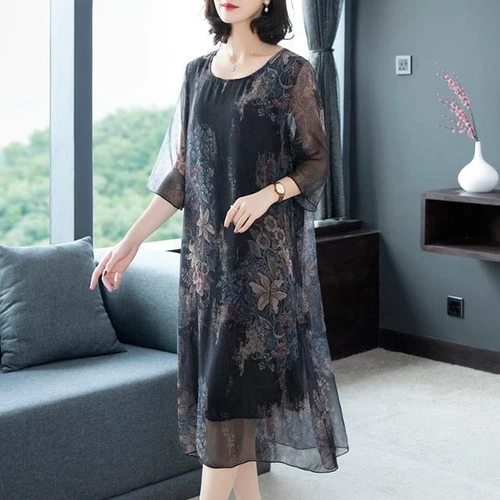 Women Chiffon Print Midi Dress Half Sleeves Casual Loose A-line Retro Ethnic - Picture 9 of 22