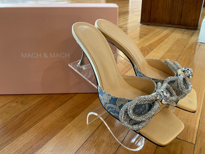 Mach & Mach Double Bow Square Toe Mules in Lace Jean Pattern Sz 37.5