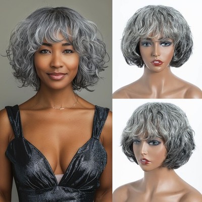 Grey Wavy Wig with Bangs for Women - Short Curly Bangs, Glueless, Pixie Cut, ...