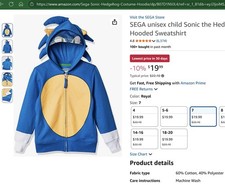 SEGA unisex kids size 7 Sonic the Hedgehog Costume Hoodie Hooded Sweatshirt zip