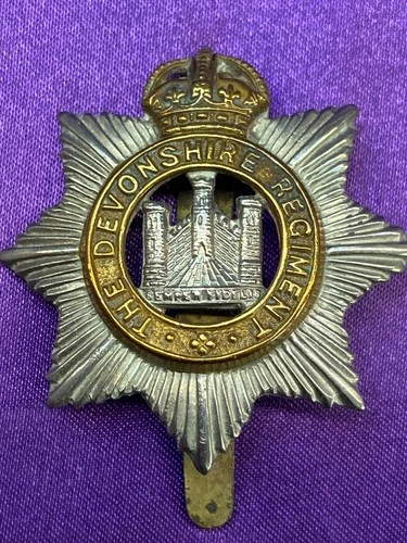 Genuine WW1/2 The Devonshire Regiment Bimetal Cap Badge w/slider