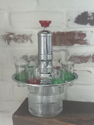 Vtg MCM Liquor Pump Dispenser Chrome/Rib Glass Decanter 6 Shot Glasses Bar READ