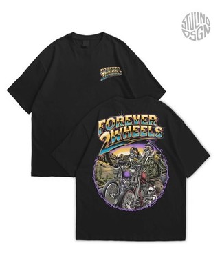 Forever Two Wheels Motorcycle Graphic T Shirt Vintage Biker Rider Tee Unisex