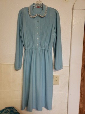 Vintage 70s Baby Blue Grandma Lace Collar Cottagecore Dress Sz Med Costume 