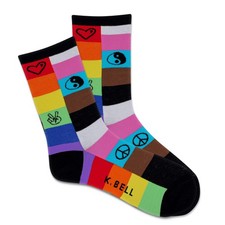 K. Bell Socks Women's Crew, Rainbow Patches 4-10, (Black)