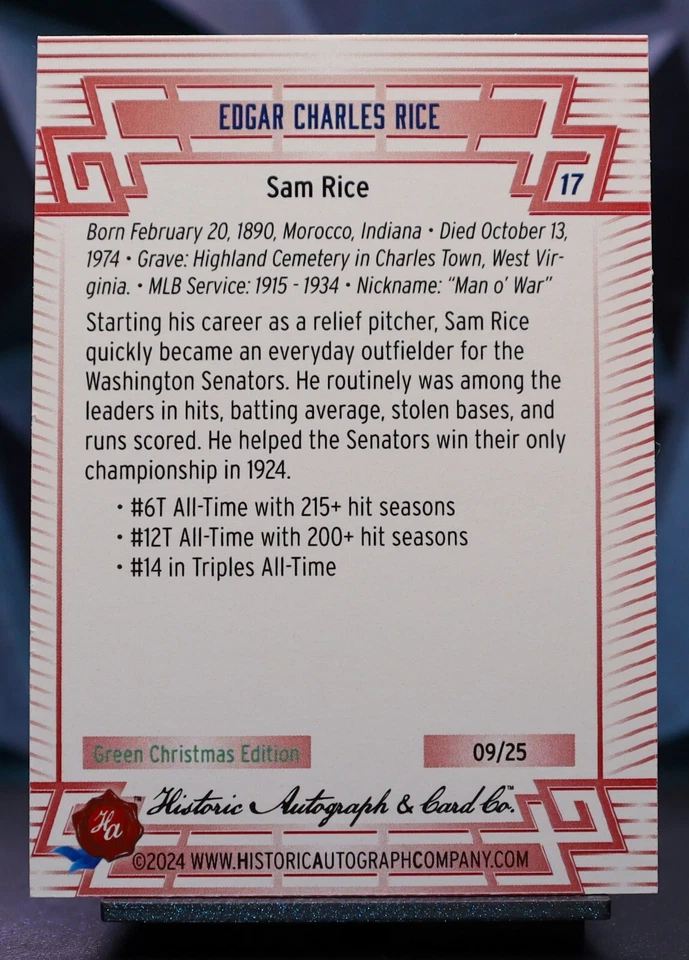 Autógrafos históricos Sam Rice 2024 All Time Greats Holiday Green/25 Foto 3 de 3