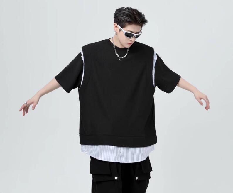 【KOOLOSET】Boxy Stripe Collar Short Sleeve Tee Men's Fashion Summer Round Collar Short Sleeve Loose Stripe