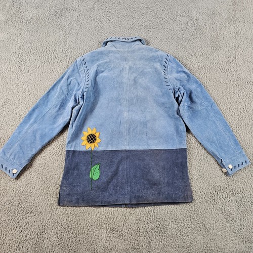 Vintage Quacker Factory Jacket Womens Small Blue Sueded Leather Sunflowers NEW - Picture 2 of 16