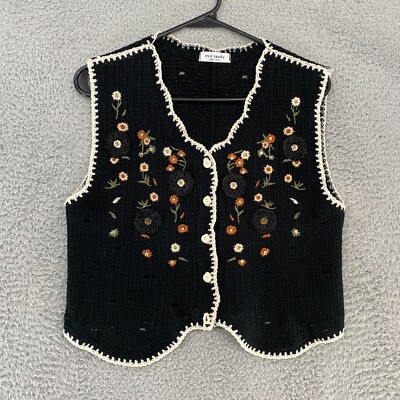 Eye Candy Sweater Vest Cardigan Womens Embroidered Granny Crochet Goblincore