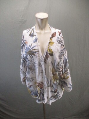 Francesca Bettini One Size Womens 100% Linen Floral Open Front Boho Kimono 514