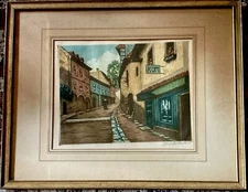 BEAUTIFUL VINTAGE OLD VILLAGE LANDSCAPE COLOR ETCHING(FRAMED, MATTED,SIGNED)