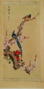 CHINESE HANGING SCROLL BIRDS FLOWERS BRIGHT COLORS