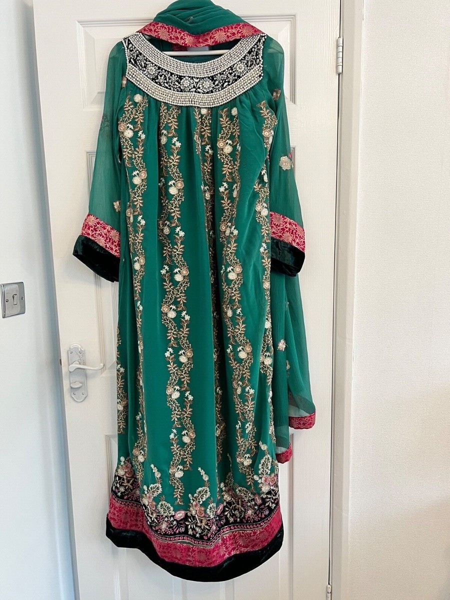 Green chiffon maxi dress with pink jamawar - M/L (pure chiffon)