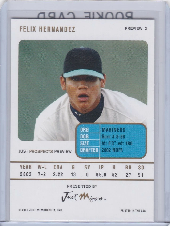FELIX HERNANDEZ ROOKIE CARD 2003 Seattle Mariners Baseball Just Minors RC - Image 2 of 2