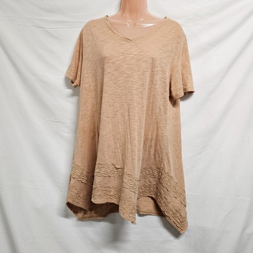 LOGO Women Top Tunic Blouse Shirt Size L Camel Cotton V Neck Short Sleeve - Foto 11 di 11
