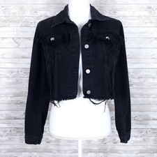 Prettylittlething Cropped Denim Jacket Sz 8 Distressed 163a