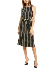 Vince Camuto Striped Midi Dress Side Slits Black White Yellow Belt Sz 00 NWT