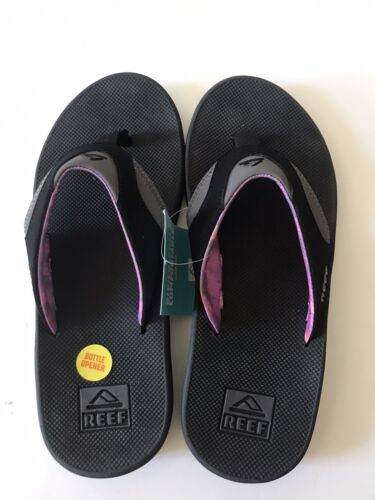 WOMEN'S REEF BLACK/GREY/PINK FANNING FLIP FLOP SANDALS BOTTLE OPENER SIZE 9 NWT - Picture 3 of 7
