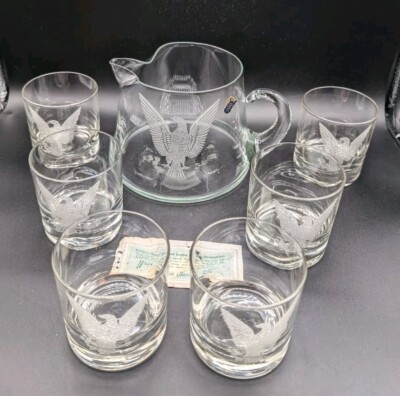 VTG West Virginia Glass Set Pitcher 6 Glasses Cocktail Embossed Eagle Orig Box