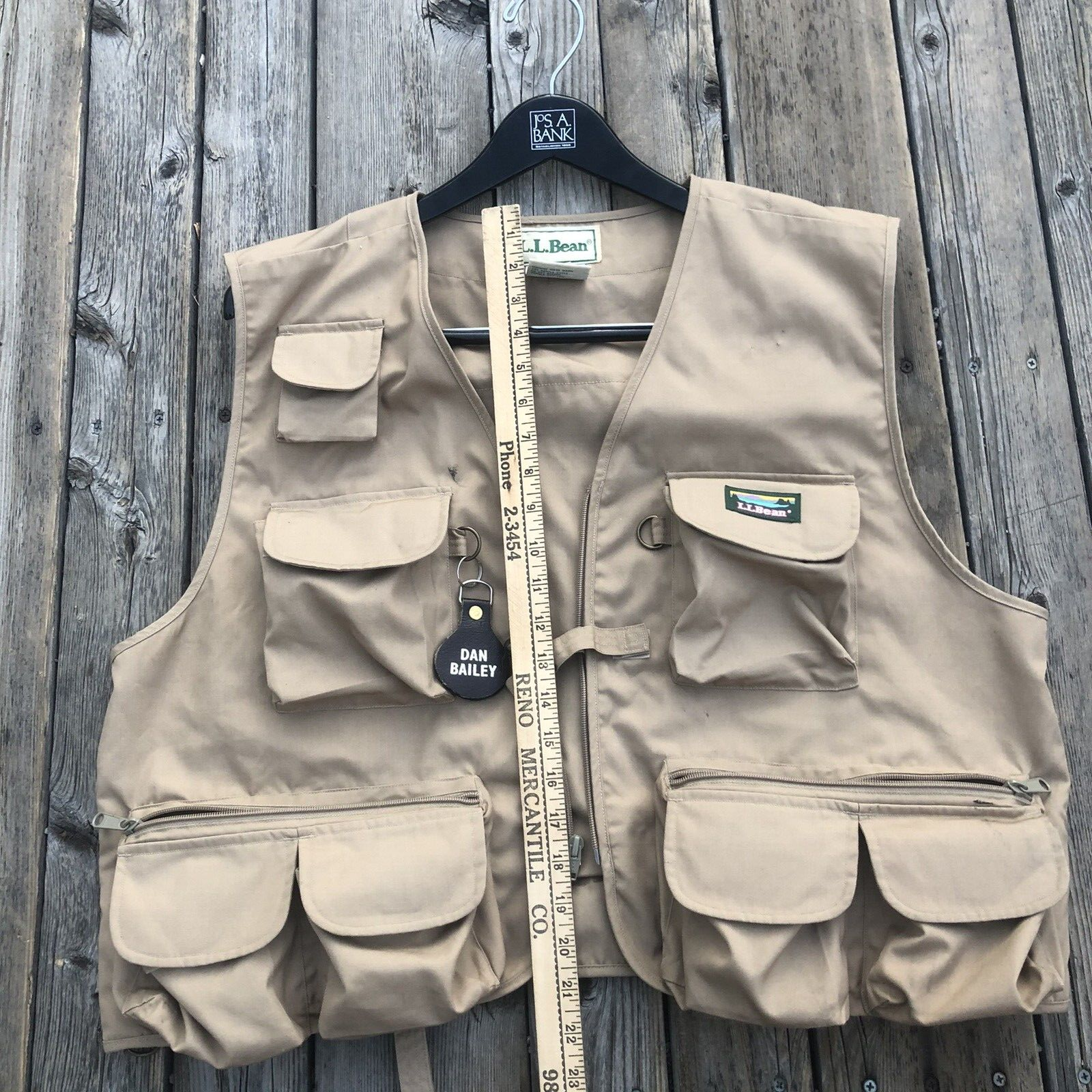 LL Bean Vintage Fly Fishing Vest Men XL Tan Zip Pockets Patch