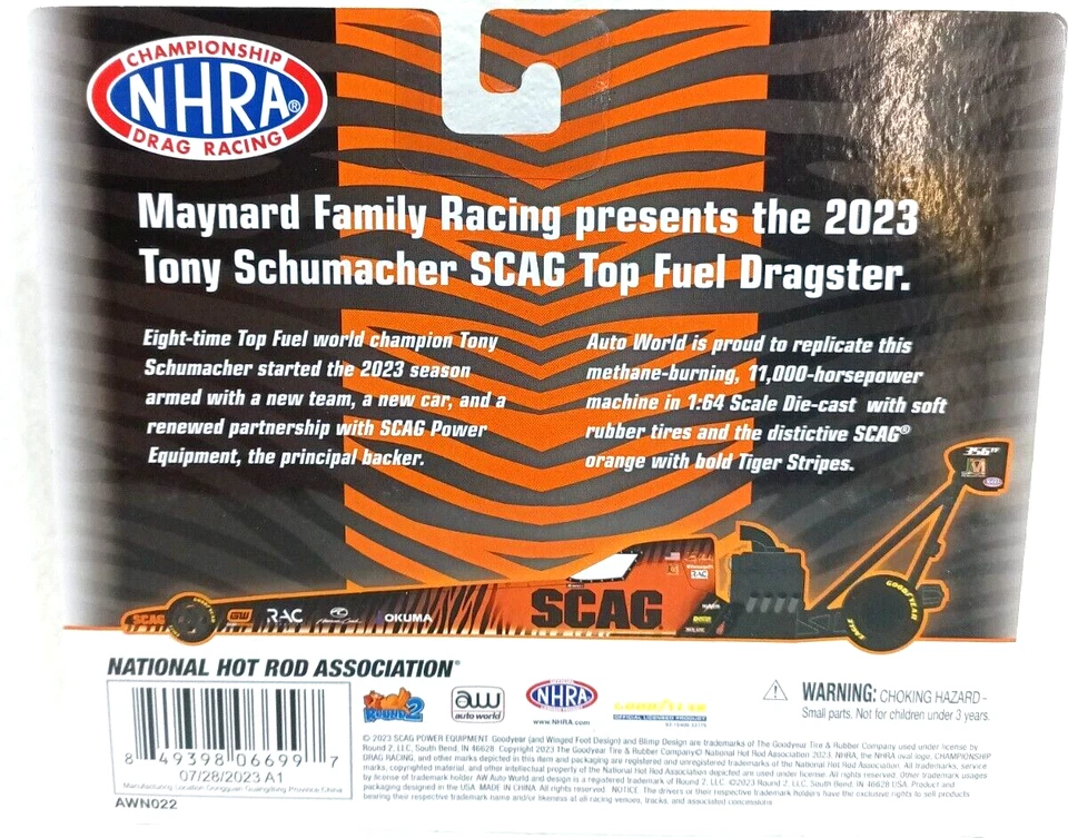 Auto World Top Fuel Dragster coche de juguete fundido a presión escala 1:64 gráficos Scag de marca Foto 2 de 4