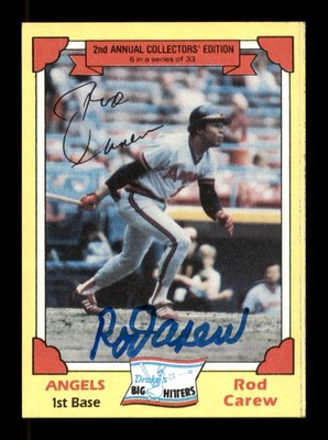 Rod Carew Autographed Signed 1982 Topps Drakes Card #6 California Angels