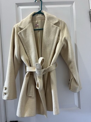 Vintage 1970s Saks Fifth Avenue Beige Belted Women's Wool Overcoat, Size M