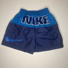 Vintage Y2K Nike Logo Spellout Boy Sz 4 Blue Colorblock Lined Swim Trunks Summer