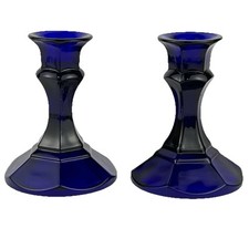 Set of 3 Cobalt Blue Glass Candle Holders 4.25" tall Decorative