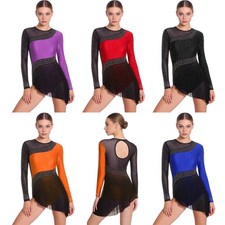 Womens Dress Ballet Bodysuit Color Blocking Dancewear Leotard Rhinestone Back
