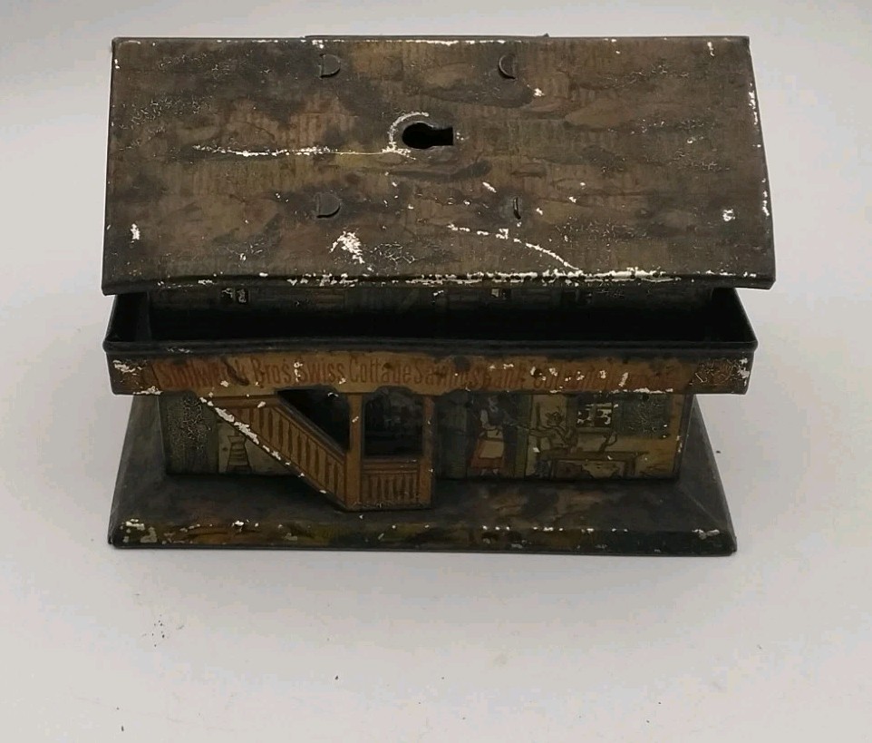 Antique german Stollwerck Chocolate advertising small house tin moneybox