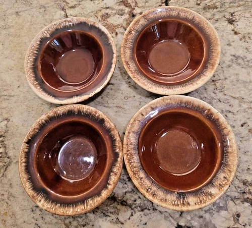 (4) 6” Hull Pottery Brown Drip Crestone Rim Berry Fruit Bowls USA Oven Proof EX!