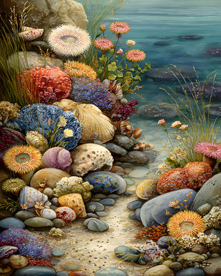 8x10 Cozy Storybook Rocky Beach with Bunch of Flowers Art Print - 176552161
