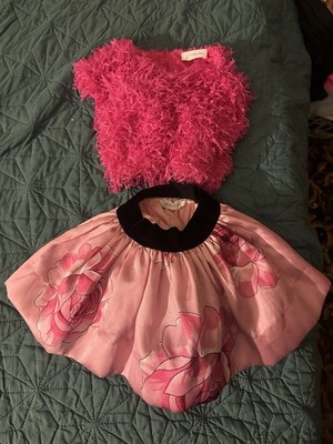 Monnalisa Girls Luxury Outfit Set/Pink Shaggy Feather Top/ Satin Rose Skirt Sz 4