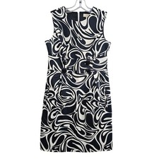 Michael Kors Sheath Dress Womens 6 Black White Swirl Print Button Detail Pockets