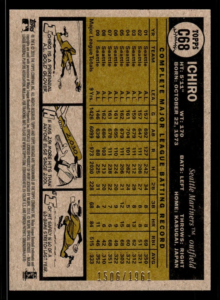 2010 TOPPS HERITAGE ICHIRO SUZUKI C68 MINT CHROME 1506/1961 SEATTLE MARINERS - Image 2 of 2
