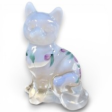 Fenton Glass Cat Opalescent White Purple Flowers Hand Painted Signed D Robinson