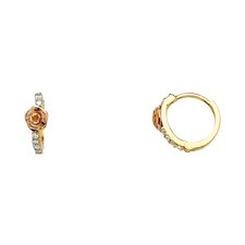 14k Two-Color Gold Simple Flower Hoop Huggie Studded Rose Earrings Clear CZ
