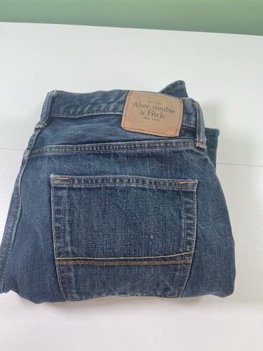 Abercrombie & Fitch Classic Straight Jeans Mens 33X32 Button Fly Blue Distress - Picture 12 of 13
